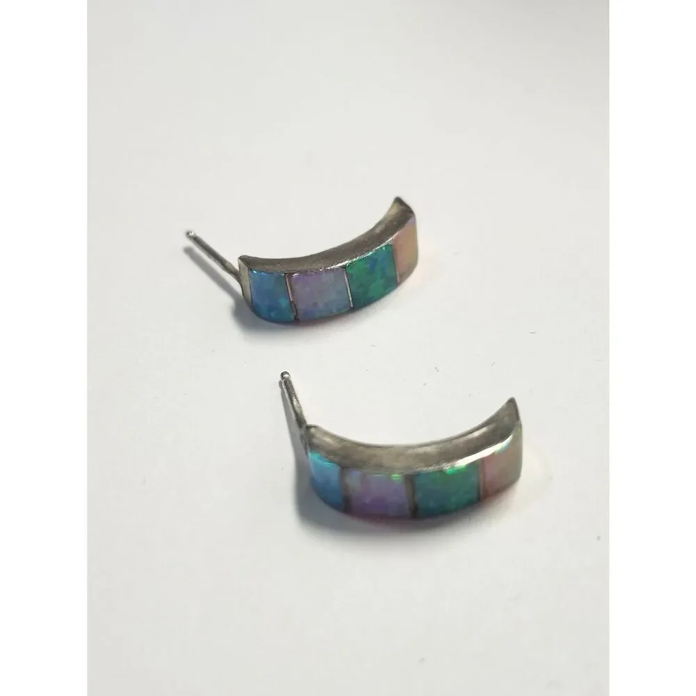 Sterling Silver 925 Opal Inlay Half Hoop Earrings Multi